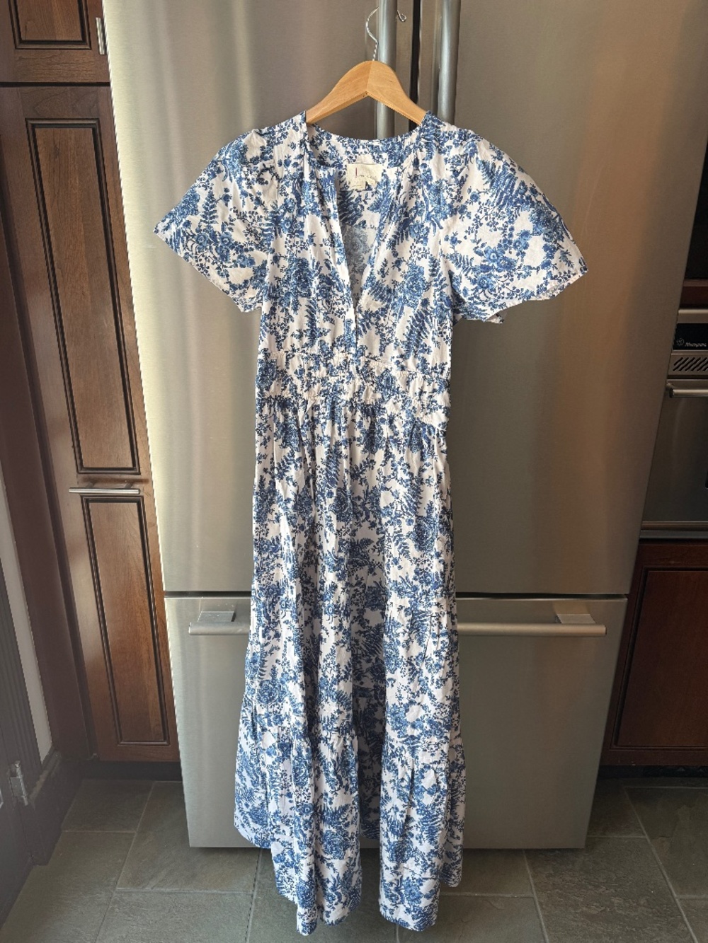 Anthropologie Maeve Somerset Maxi Dress, featuring a blue and white toile